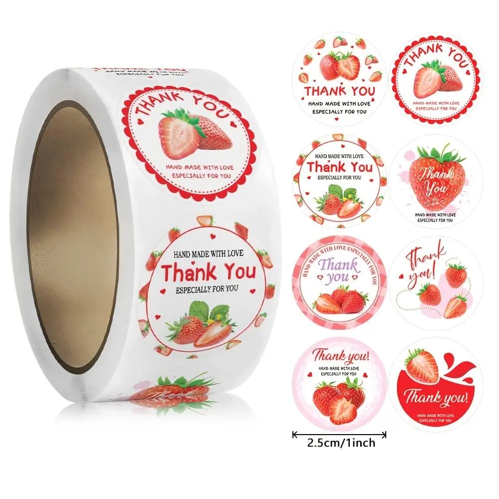 Strawberry Pattern Thank You Sticker, Fruit Stickers, 500pcs/roll Self Adhesive Sticker Rolls Decorative Sticker, Decorative Sticker for Gift Box, Gift Wrapping Supplies, Self Adhesive Decal, Stickers Included