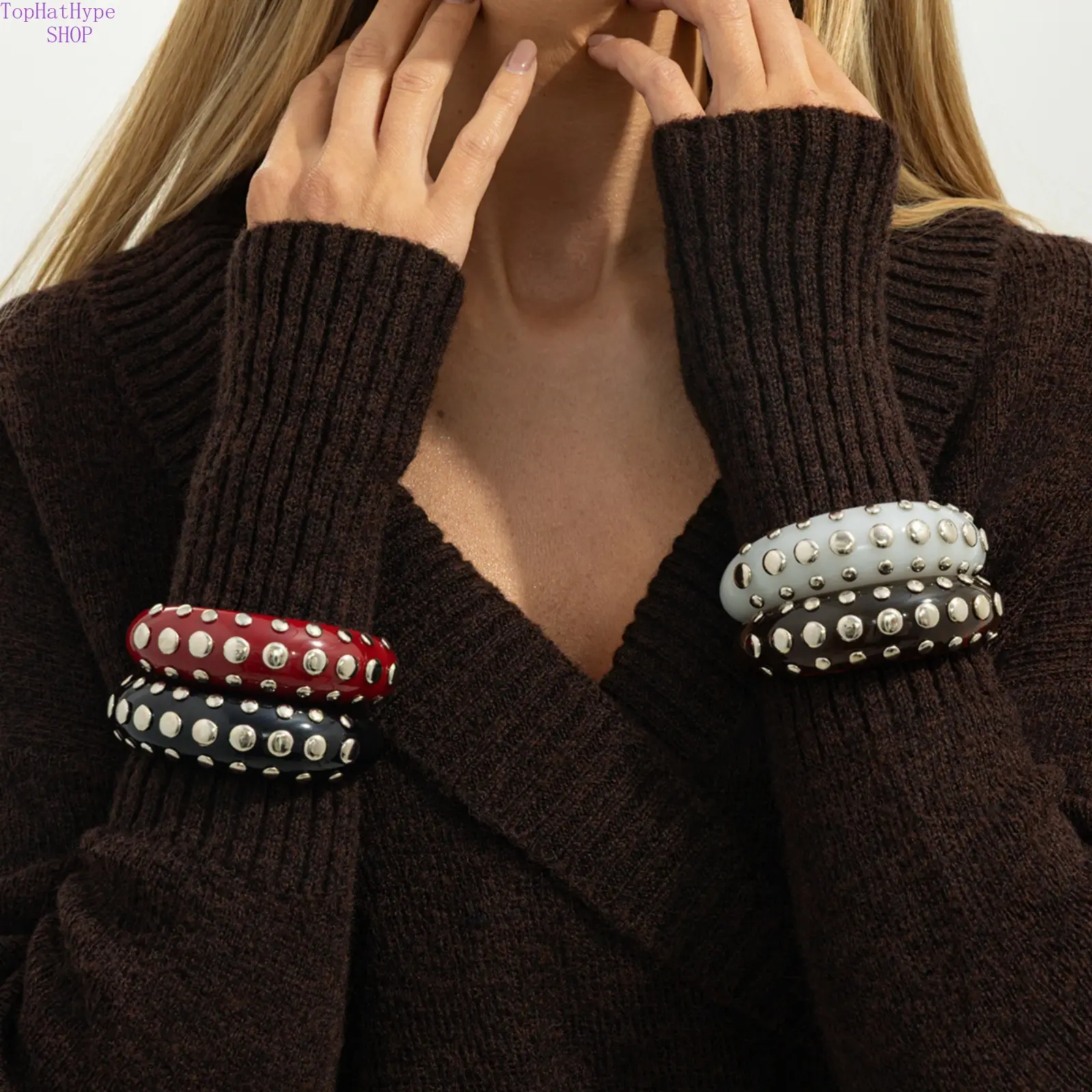 Vintage Tie-Dye Rivet Resin Cuff Bracelet Rhinestone Inlaid Open Bangle Set Trendy Ins Style Fashion Jewelry for Women Edgy Y2K Aesthetic Streetwear Daily Party Club Dating Versatile Stackable Wrist Accessories