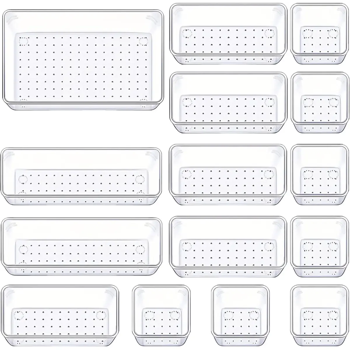 15 Pcs Clear Plastic Drawer Organizer, Makeup & Vanity Organizer 4-Size Versatile Desk Organizer & Storage Bins for Kitchen, Bathroom, Office, Jewelries, Easy Clean, Stackable, BPA-Free