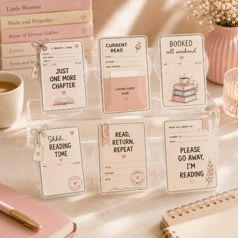 Book Lovers Acrylic Phone Grip, Pink Library Card Low-Profile Phone Stand, Cute Reading Tracker Accessory Gift for Readers, 6 Styles