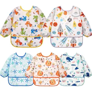 P-GCS06    Long Sleeve Bibs 5 Pack - Baby Bibs, Waterproof Toddler Bibs, Baby Smock for Eating, Baby Bibs for Feeding Teething
