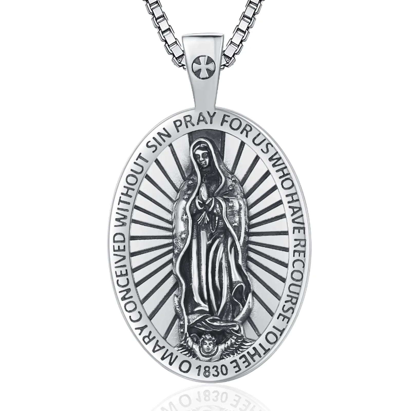 DRINSPER 925 Sterling Silver Miracle Medal Necklace for Female, Catholic Virgin Mary Pendant, Cross Silver Necklaces & Pendants, Spiritual Jewelry, Religious Protection Amulet, Adults, 925 Stamped Silver Necklaces & Pendants