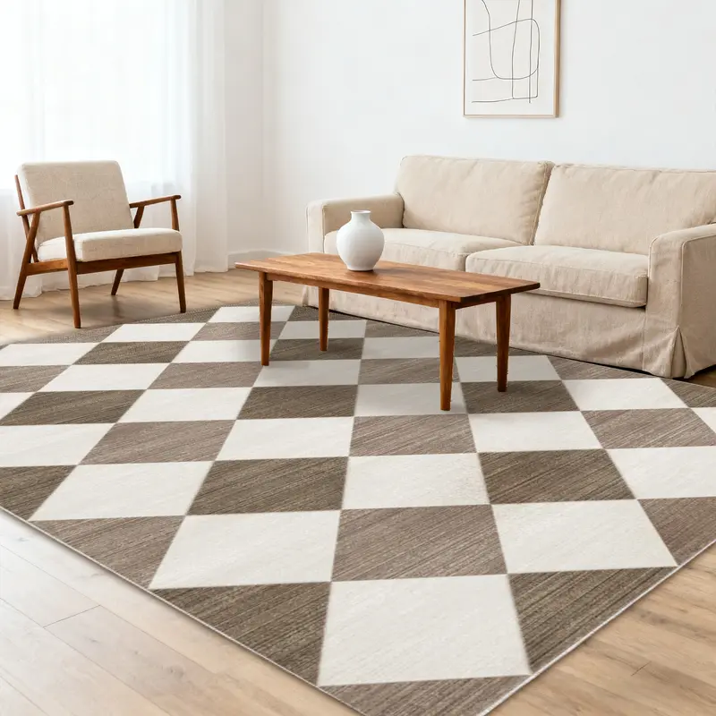 PLUMLIK Modern Minimalist Geometric Checkered Area Rug - Textured Woven, Non-Slip Soft Low Pile, Washable, Ideal for High Traffic Living Room Rugs, Aesthetic Home Decor, Housewarming Gift