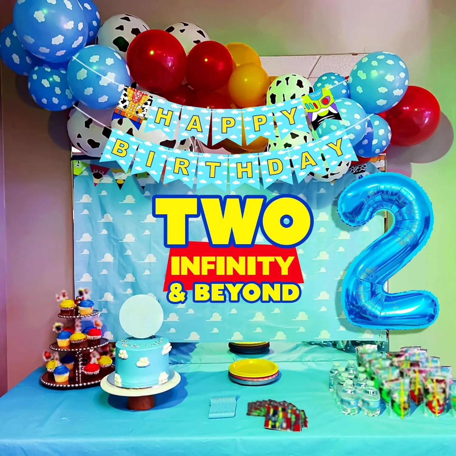 Happy Cartoon Print 2nd Birthday Party Supplies Kit - Cake Topper, Balloon Garland Arch, Backdrop Banner for Boys' Adventure Cloud, Infinity and Beyond Themed Celebrations Ornaments