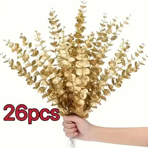 26 Gold Eucalyptus Branches, Artificial Leaves, 38cm Long, Perfect for Christmas and Valentine's Day Decor, Home Vase and Wedding Props, Plastic Material