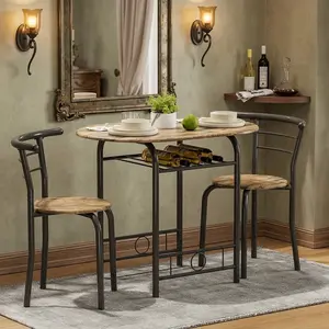Brown 3 Pieces Round Dining Table Set, Sturdy Iron Frame MDF Breakfast Table With Storage Shelf, Space Saving Casual Dining Furniture For Kitchen Dining Room Home Daily Use