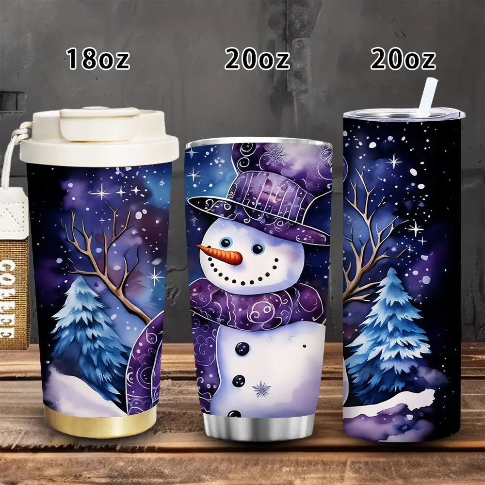 Portable Insulated Snowman Winter Scene Tumbler Flask (18oz/20oz, 500-1000ml) with Lid and Straw, Gift-Ready Travel Mug for Adults, Ideal Birthday/Valentine’s Day Gifts for Women, Suitable for Iced/Hot Coffee