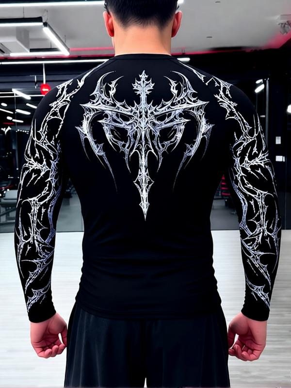 Men's Professional Sports Quick-Dry Fitness Shirt, Gothic Print Long Sleeve, High Elasticity, Round Neck, Moisture-Wicking, Running, Training, Daily Wear