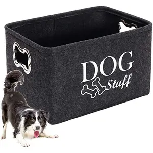 Premium Felt Dog Toy Storage Basket - Aesthetically Designed with Bone-Shaped Metal Handle - Efficient Organizer for Pet Toys and Accessories, Perfect for Dog-Lovers Homes