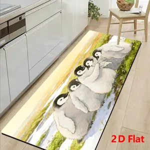 Silica Mud Kitchen Mat, Hand-Drawn Penguin Design, Non-Slip Absorbent Washable Rug, Ideal for Bathroom Hallway Kitchen Animal Lovers Gift