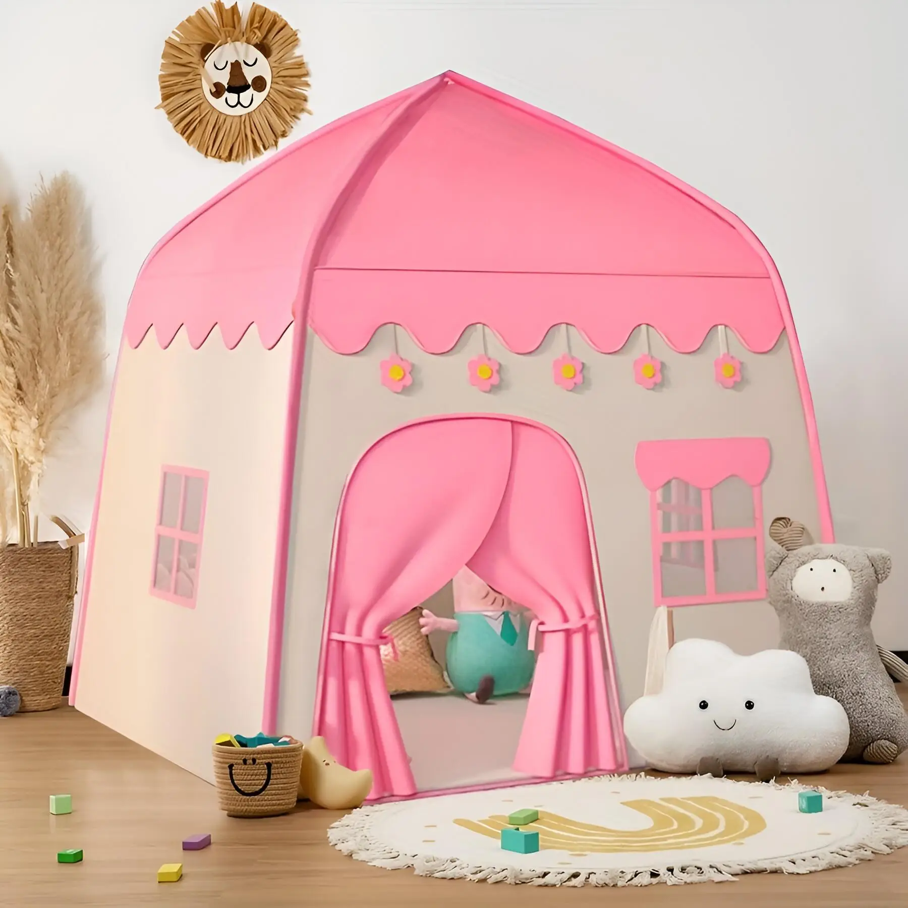 Flower House Design Indoor Toy House Tent, Durable Polyester Fabric & Sturdy Bracket, Ideal Gift for Birthday & Holiday