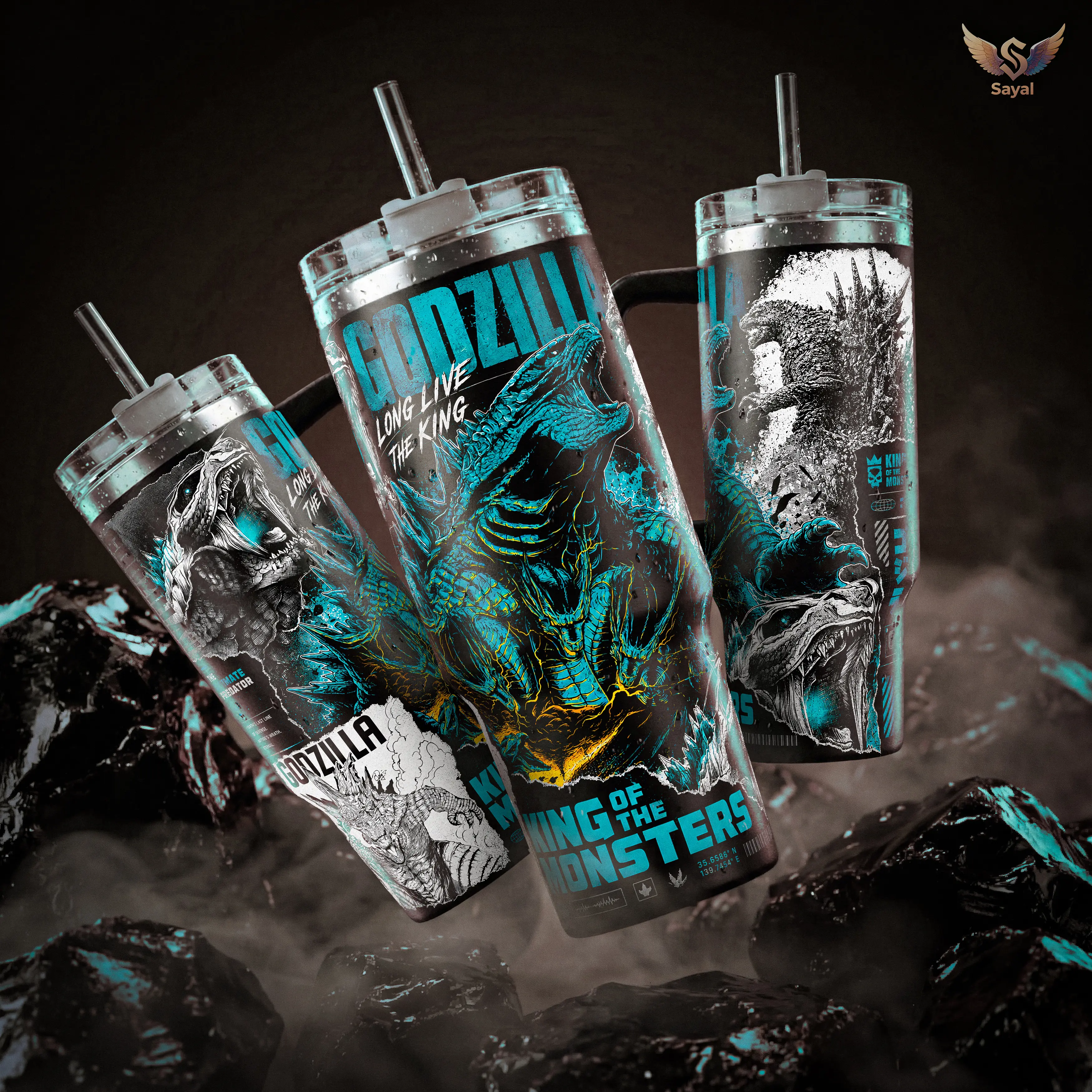 Godzilla King of Monsters 40 20 oz Insulated Tumbler With Handle Straw Stainless Steel Keeps Drinks Hot Cold Teal Kaiju Merch For Movie Fans Gift Water Bottles Cup Mug Reusable