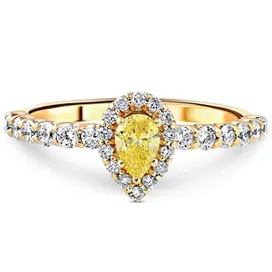 3/4CT Fancy Yellow Pear Lab Grown Diamond Halo Engagement Ring Yellow Gold