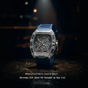 Men's Modern Transparent Barrel-Shaped Watch – Waterproof Quartz Movement, Stylish Contemporary Design, Christmas and New Year Gift，Holiday Haul