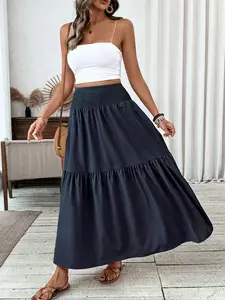 Women's Floral Casual A-Line Ruffled Skirt, Elastic Waist Pockets, Leaf Hem, Long Fitted Skirt, Fashionable Mid-Length Dress