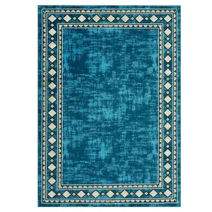 8 x 10 ft Polyester Teal Blue Rectangular Living Room Bedroom Dining Room Geometric Bordered Modern Machine Washable Area Rug