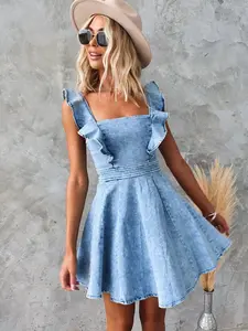 Women's Denim Babydoll Mini Dress Sleeveless Backless Jean Dress Adjustable Straps Ruffle Hem Flowy A Line Summer Casual Dress vestido casual