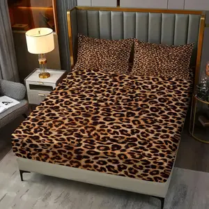 3 Pcs Classic Brown-Black Leopard Print Fitted Sheet Set, Decorative bedsheet sets, 1 Fitted Sheet & 2 Pillowcases (no filler), Original Leopard Pattern, Fits home decor, Ideal for Students/Families