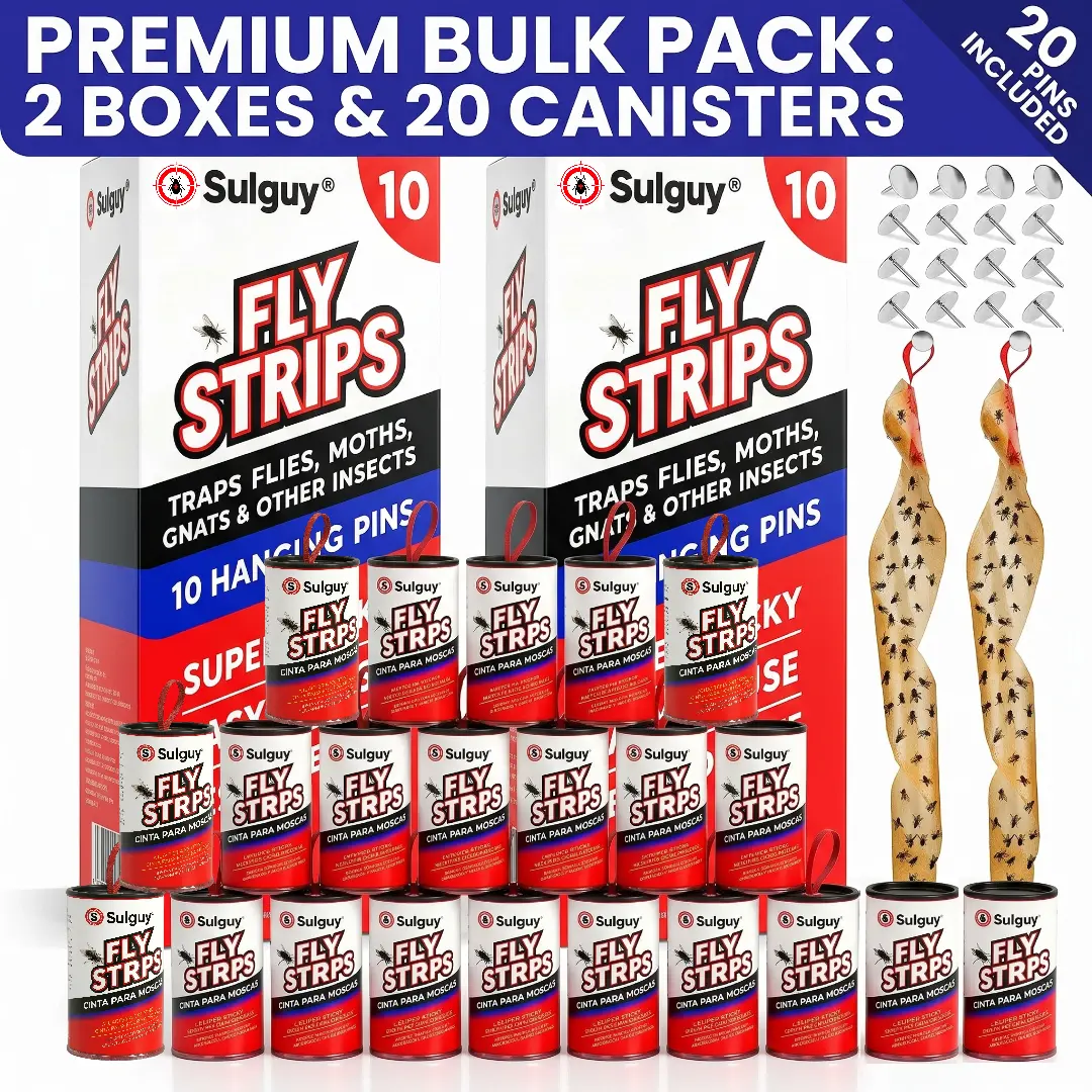 Sulguy Fly Strips Indoor Sticky Hanging 20pk with Pins. Non Toxic Outdoor Fly Trap Indoor for Home. Flies Tape Paper Trap Ribbon Roll for House Gnat Fruit and Housefly. Bug Catchers for Inside Home Flypaper