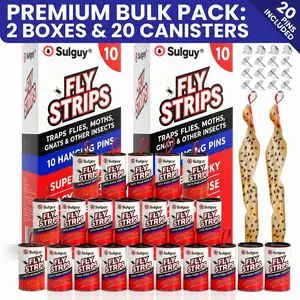 Sulguy Fly Strips Indoor Sticky Hanging 20pk with Pins. Non Toxic Outdoor Fly Trap Indoor for Home. Flies Tape Paper Trap Ribbon Roll for House Gnat Fruit and Housefly. Bug Catchers for Inside Home Flypaper