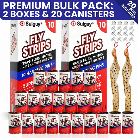 Sulguy Fly Strips Indoor Sticky Hanging 20pk with Pins. Non Toxic Outdoor Fly Trap Indoor for Home. Flies Tape Paper Trap Ribbon Roll for House Gnat Fruit and Housefly. Bug Catchers for Inside Home Flypaper