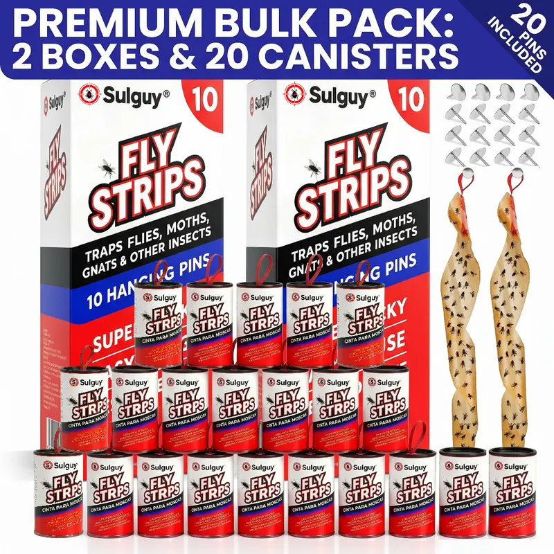 Sulguy Fly Strips Indoor Sticky Hanging 20pk with Pins. Non Toxic Outdoor Fly Trap Indoor for Home. Flies Tape Paper Trap Ribbon Roll for House Gnat Fruit and Housefly. Bug Catchers for Inside Home Flypaper