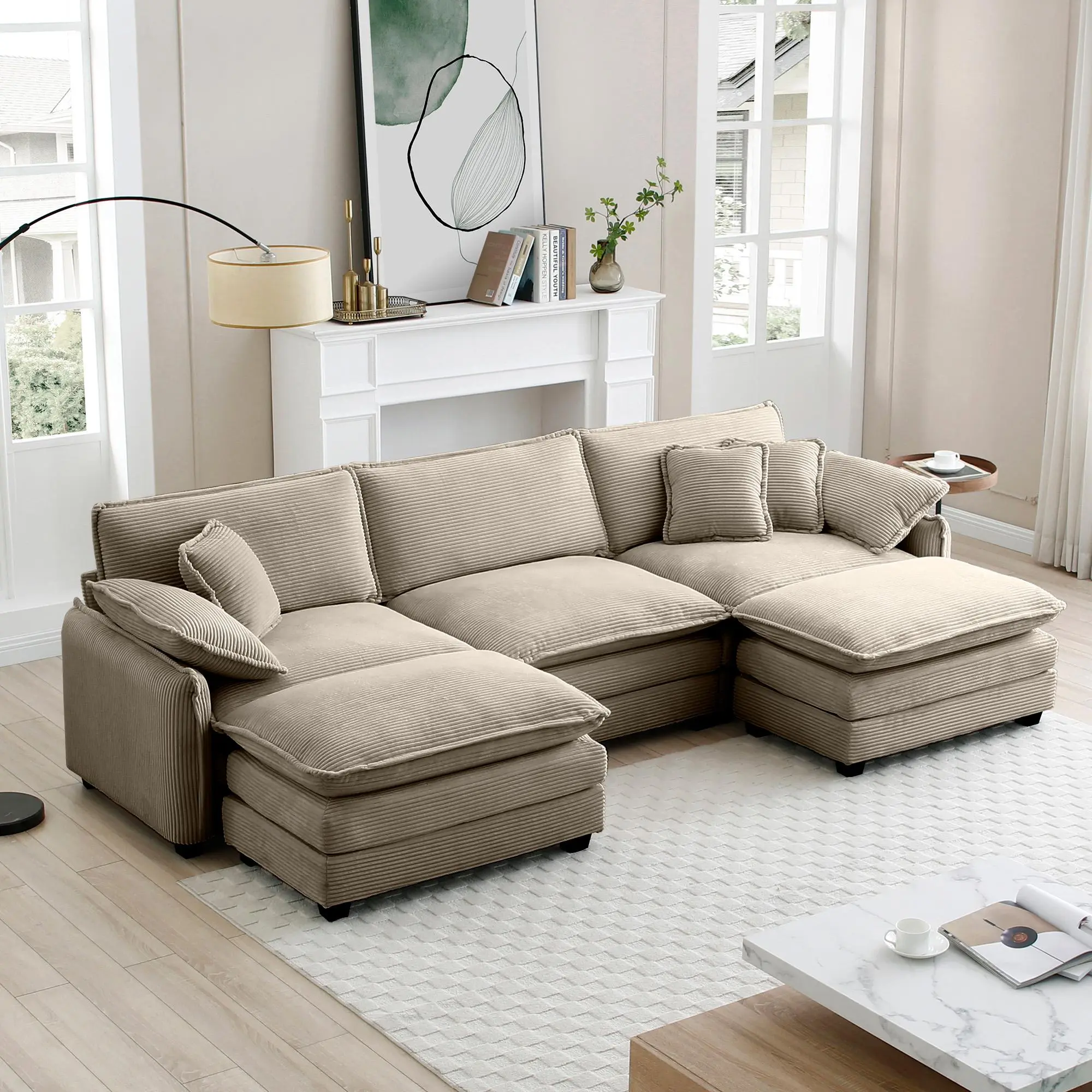 【Sub 4 packages】Niccae Oversized modular cushioned sofa with conversible ottoman, 3-seater sofa with 2 footstools, U shape sofa in Camel corduroy fabric