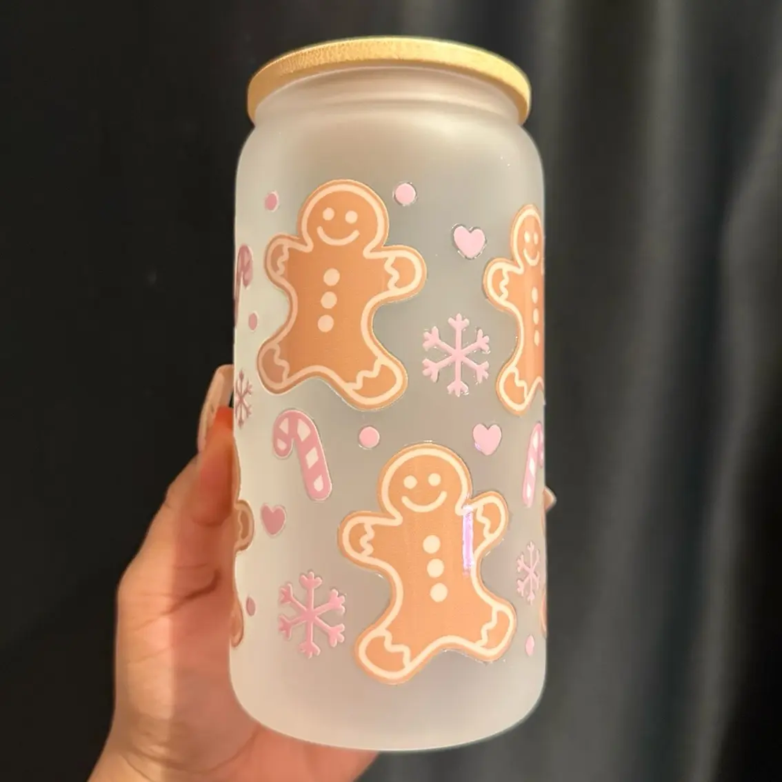 Gingerbread Frosted Glass Cup - Decorative Glass Cup for Beverages - Ideal for Drinkware and Bottles