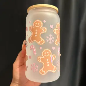 Gingerbread Frosted Glass Cup - Decorative Glass Cup for Beverages - Ideal for Drinkware and Bottles