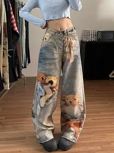 Women's Vintage Washed Teddy Bear Print Ultra Baggy Jeans, High Waisted Wide Leg Denim Pants with Ribbon Details, Y2K Coquette Streetwear
