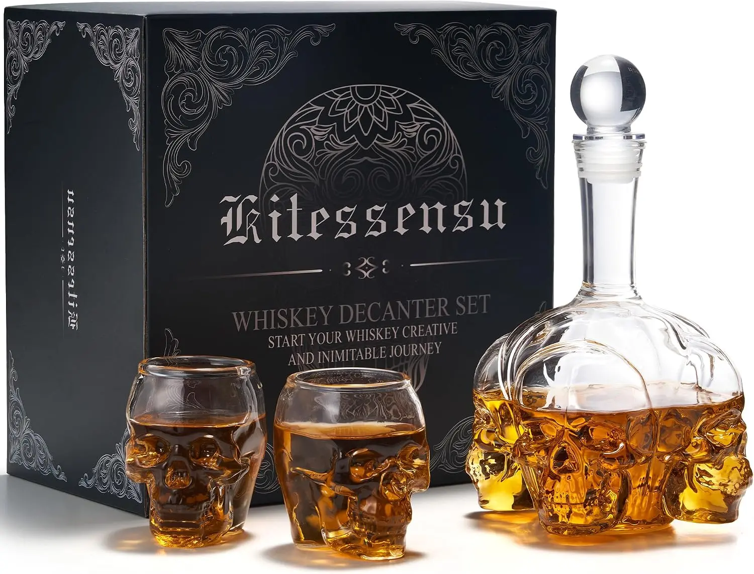 Gothic Skull Whiskey Decanter Set - 34 oz Spooky Skeleton Glass Decanter with 2 Rocks Glasses - Dark Academia Home Bar Decor & Man Cave - Cool Halloween Gifts for Men & Whisky Lovers