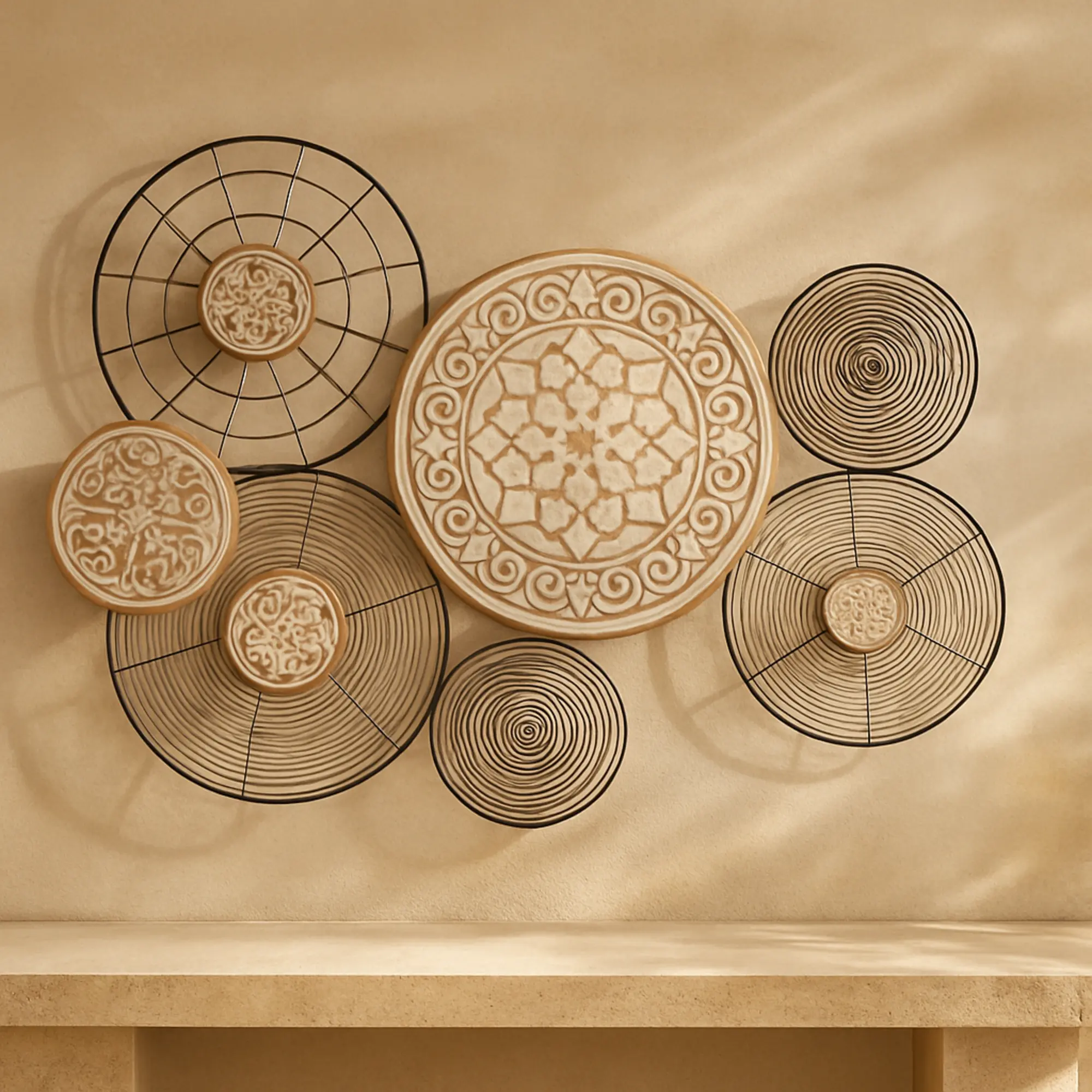 Black Metal (Iron) Round Floral Wire Plate Sculpture - Pre-Assembled Large-Scale Eclectic Style Hanging Home Wall Decor, Wood-Accented Design with Brown and White Scrolls, Single Carton Packaging