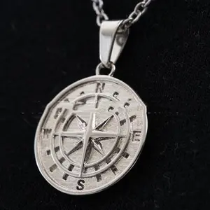 Compass Pendant & Croos Exotic Unisex Stainless Steel 20mm x 20mm Pendant 53cm Chain Length Popular Elements Metal Necklace