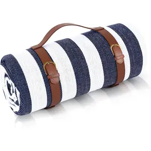 Striped Picnic Blankets 80” x 80” Extra Large Waterproof and Foldable Beach Blanket, Oversized Blue and White Outdoor Blanket for Camping, Travel, Park, Grass, Patio (Blue & White, 80" x 80")