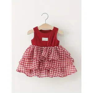 Girls Red Gingham Tiered Sundress, Solid Red Sleeveless Tank Top Patch Label Ruffled Plaid Multi-Layer Skirt Kids Cottagecore Summer Casual Mini Dress