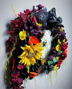 Wicked Weavings Collection Purple Lit Floral Web Dreamcatcher 28x23 Hollow Spooky Ornaments Decor with Artificial Flowers & Glitter Spiders