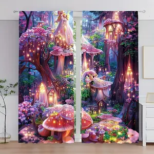2pc Crystal Mushroom Forest Curtains, Pocket Rod Installation, Digital Print, Polyester Semi-Transparent, Home Decoration Curtain for Living Room, Kitchen, Bedroom, Window Curtain, Easy Install Curtain