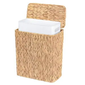 Wicker,3 Gallon with Lid,Handwoven Hyacinth Rattan Waste Basket with Removable Liner and-in Handles for Bedroom,,Spaces