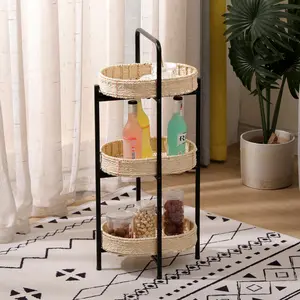 3 Tiers Tray Tables Paper Rope Woven Side Table for Living Room Kitchen Oval Storage Basket Small Shelves