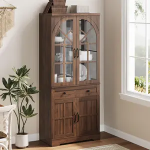 Garvee Farmhouse Pantry Cabinet, 71.9" Tall Freestanding Kitchen Cabinet with Tempered Glass Doors& Anti-Tip Design for Kitchen, Dining Room & Living Room,Retro Brown