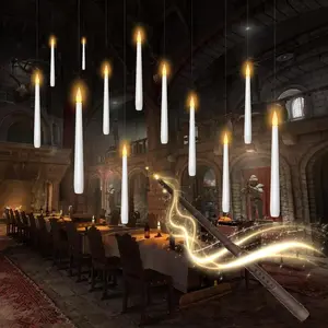Flameless Floating Candles with Wand,12 Pcs Magic LED  Taper Candles,Flickering  Operated Taper Candle with Wand Remote for Halloween Decorations  (White)