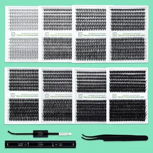 280pcs D Curl Lashes Kit, Mix 8-16mm Mega Volume Individual Lashes Soft And Comfortable False Eyelashes Eyelash Extensions Wispy Lashes Cluster Lash Kit Comes with Bond&Seal and Lash Applicator For DIY At Home, Beginner friendly, Wispy Eyelash Clusters