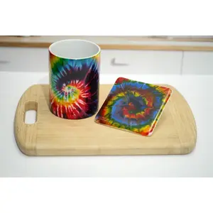 Rainbow Tie Dye look 15 oz ceramic sublimation printed mug & matching 4X4 fused glass coaster set