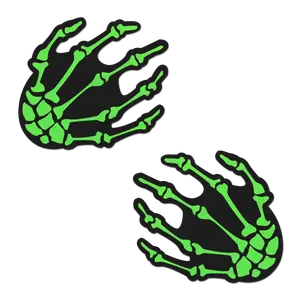 PASTEASE - Nipple Cover Pasties, Adhesive Bra, Breast Tape - Skeleton Hands: Zombie Neon Green/UV Reactive Boney Hands on Black - Level Up Your Halloween Costume Accessory - Dimensions: 3.7” x 4.5” Diameter: 2.5 inches