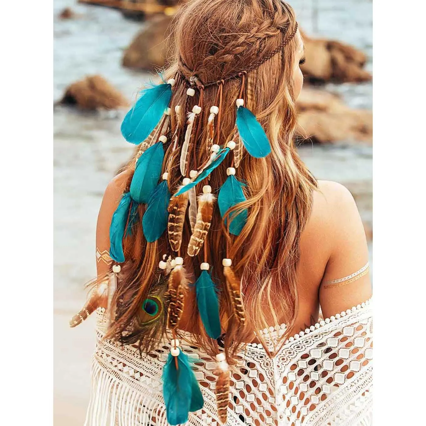 Boho Feather Headband Hippie HeadCount White Gypsy Costume Headband Indian Hair Band Festival Headdress Bohemian Feather Hair Accessory for Women and Girls