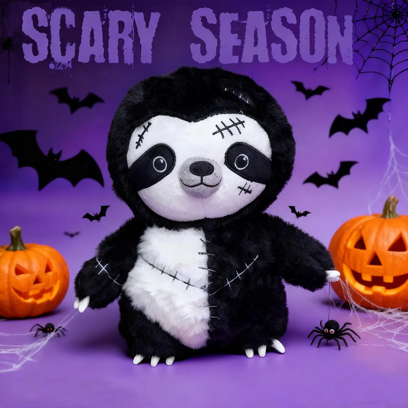Dark Gothic Sloth Plush Toy - Black & White Stitched Spooky Plush Doll, Soft Stuffed Doll, Stuffed Animals, Halloween Decor, Collectible Gift, Stuffed Animal Gifts, Gift for Kids & Adults, Gothic-Style Plushie for Holiday Gift Giving, Soft Huggable