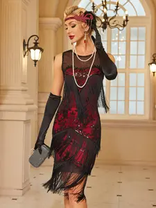 1920s Flapper Sequin Fringe Formal Chic Elegant Fit Dress - Gatsby Cocktail Party Costume