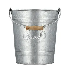 Galvanized Trash Pail -Autumn Alley Metal Waste Bin in Farmhouse Bucket Style with Wooden Handle for Bathroom Kitchen Office Dining Room - Open Top Garbage Bin Cover