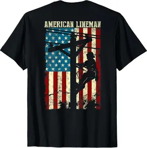 100% Cotton Lineman American flag Electric Cable gift Patriotic Lineman T-Shirt