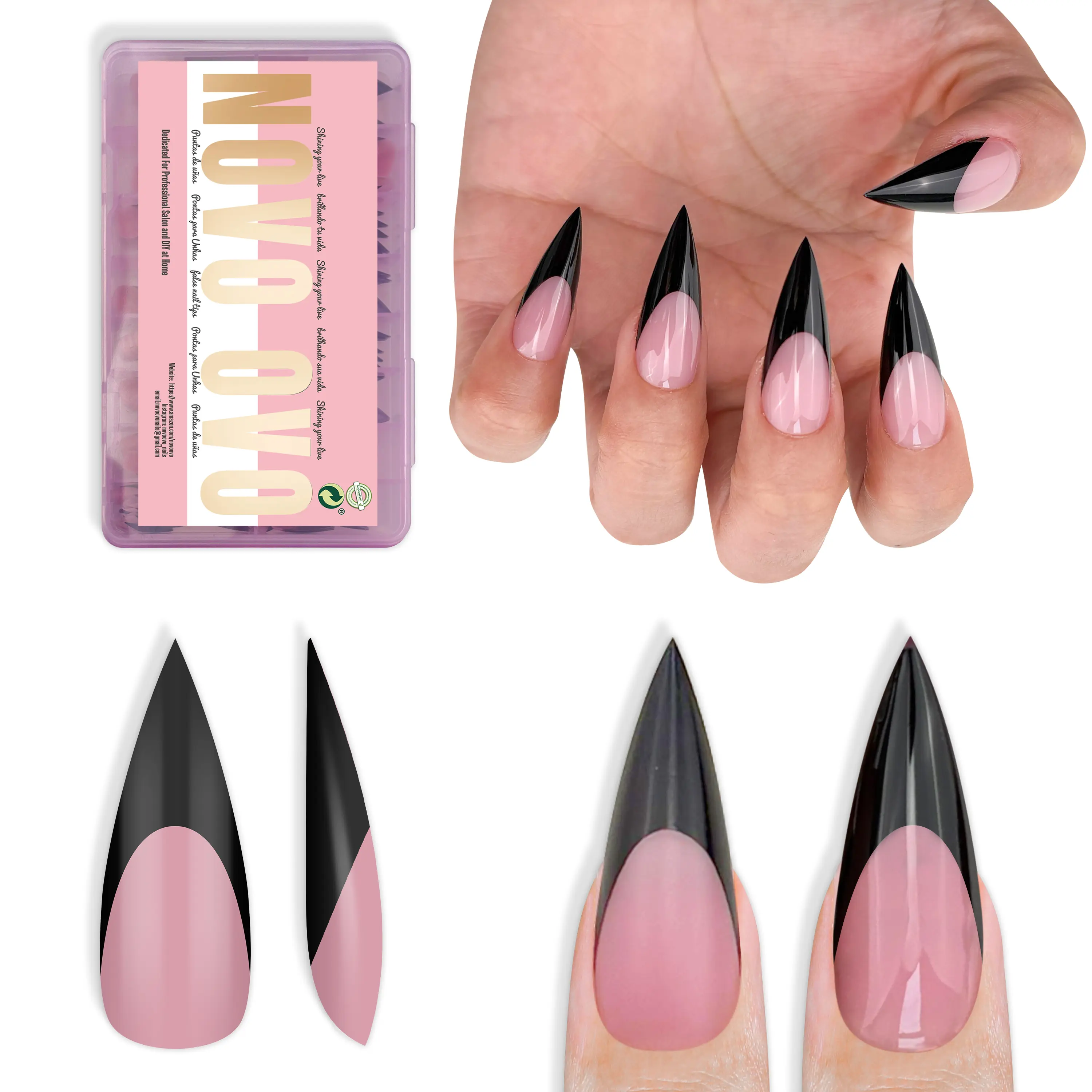NOVO OVO Soak-Off Soft Gel Nail Tips, Black Sharp Stiletto Press-On Nails for Simple Salon-Quality Manicures, Full Cover Artificial Extensions, Medium Long Length, 160 Pcs, 16 Sizes, Bonding False Nail Tips
